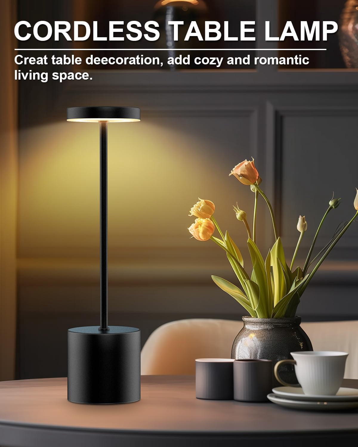 13.3"Rechargeable Cordless Table Lamps, Portable LED Desk Lamp with Touch Controls,3 Color Dimmable Lighting for Dining Patio Outdoor Bedroom Restaurant Bar(Black)