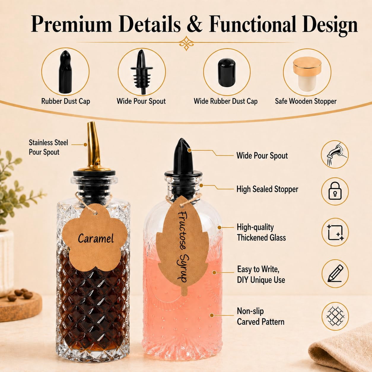Syrup Dispenser Bottles Set Of 6  Simple Bottle For Coffee Bar Accessories 5oz & 7oz Glass Containers Maple Honey Oil Metal Pour Spouts Labels