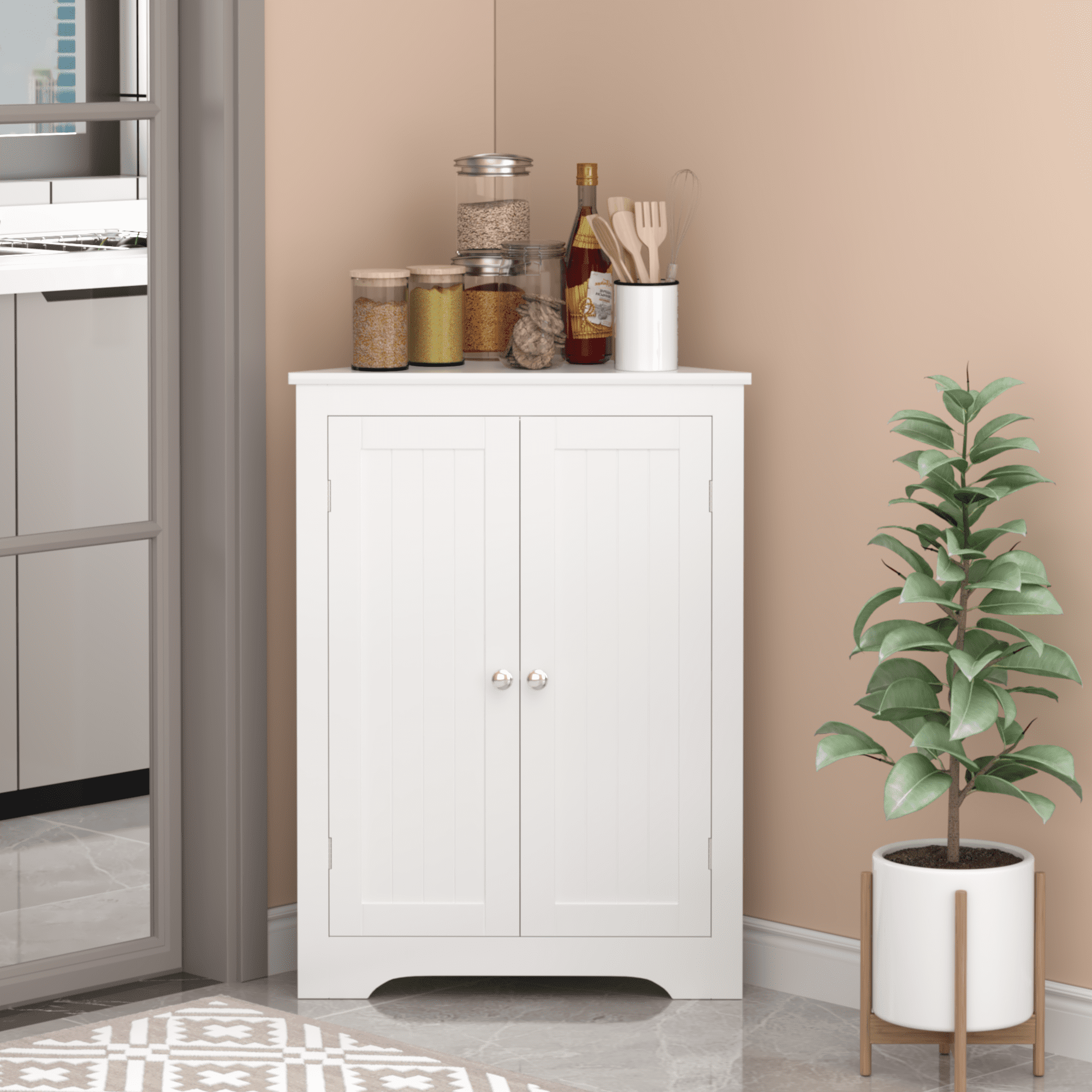 Jopath Floor Corner Cabinet with 2 Shelves,Corner Storage Cabinet Shelving Storage with Adjustable Shelves for Kitchen Living Room Bathroom, White