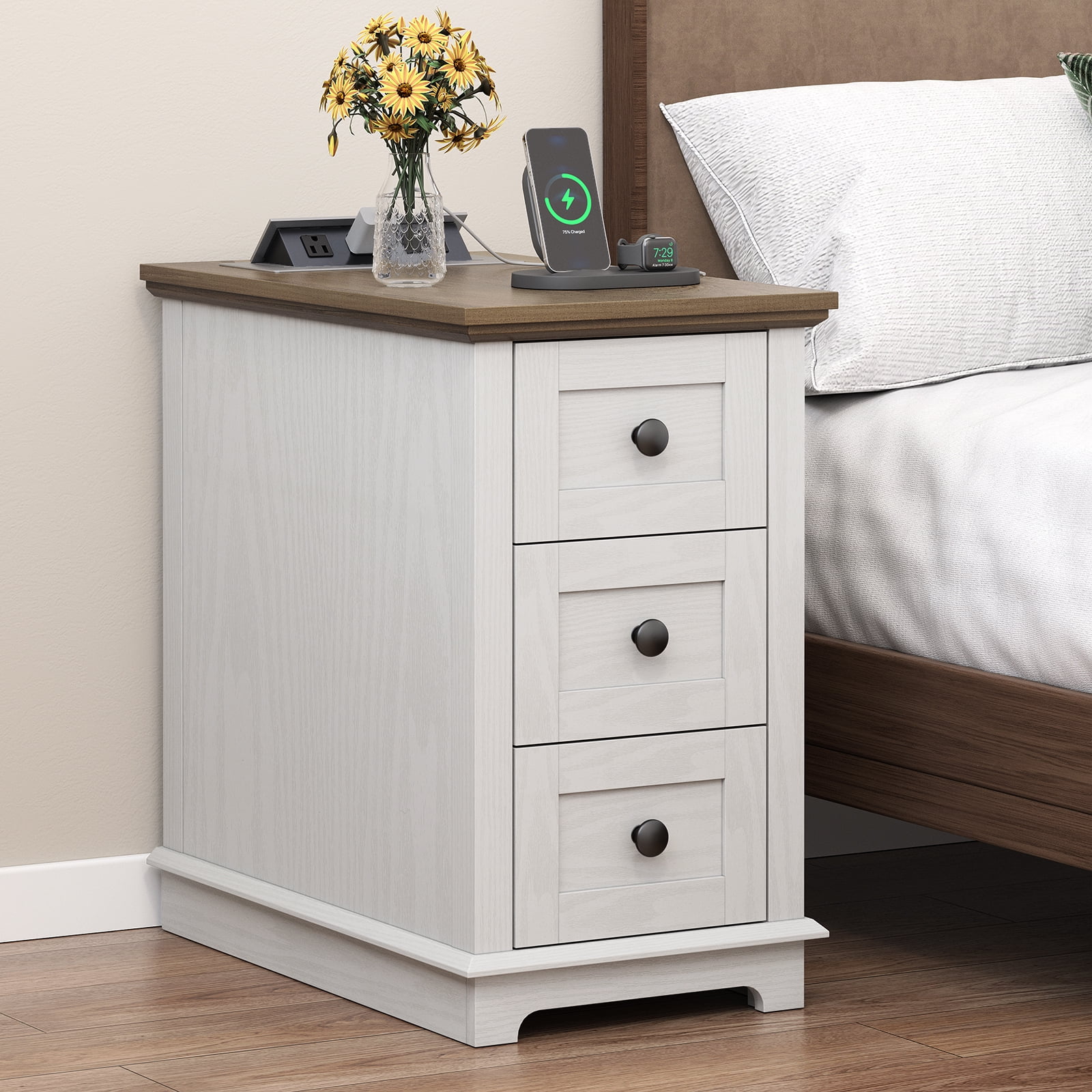 FAGAGA End Table with 3 Drawers for Living Room,Nightstand Sofa Side Table with Charging Station,White