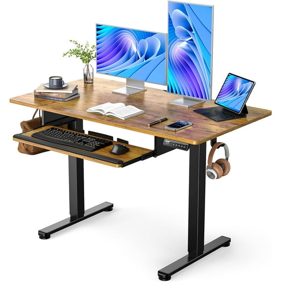 ErGear Electric Standing Desk with Full Size Keyboard Tray, Adjustable Height Sit Stand Up Desk, Home Office Desks Computer Workstation, 48x24 Inches, Vintage Brown