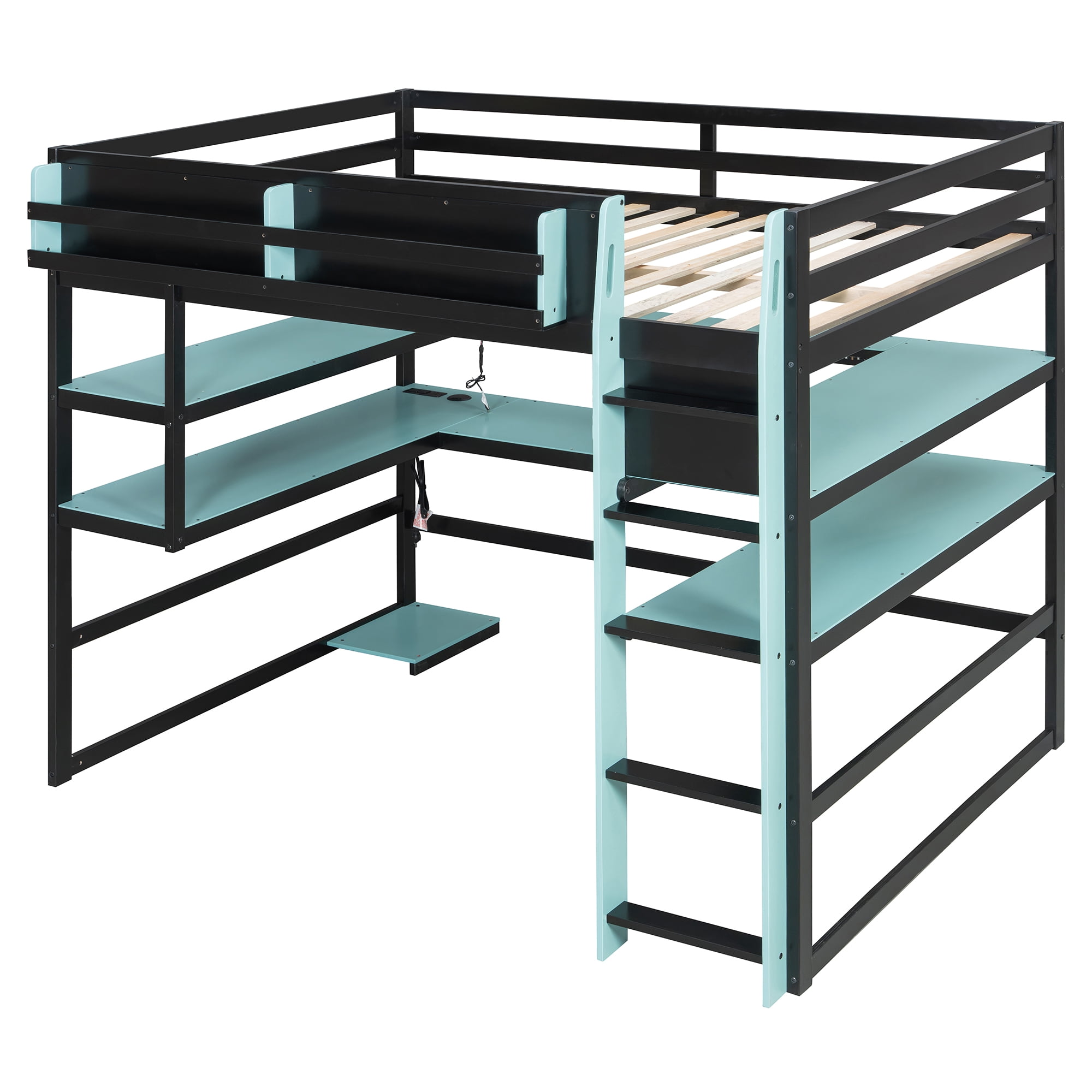 Mintazer Full Size Gaming Loft Bed with U-Shaped Desk & LED Lights, Modern Bed Frame with Shelves & Charging Station for Dorm Bedroom Apartment, Black & Blue