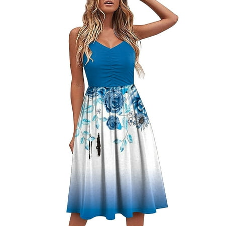 

Dresses for Women White Dress Women Fashion Women Dresses Summer Printing Casual V-Neck Sleeveless Vacation Mini Dress Savings Clearance Deals Maternity Dress for Photoshoot Girls Dresses Blue L