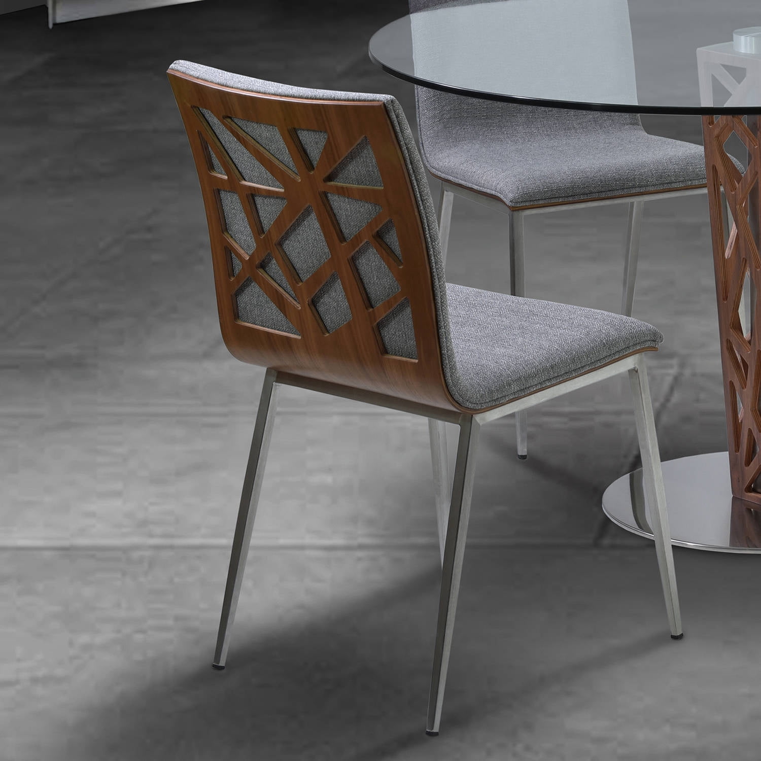 Armen Living Crystal Dining Chair, Brushed Stainless Steel Finish with Fabric Upholstery and Walnut Back (Set of 2)