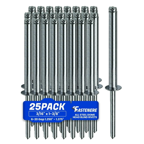 Fastenere Pop Rivets 3/16" x 1-3/8"(25 pcs) Aluminum Body Steel Mandrel - Heavy Duty, Open-End, Low Carbon, Dome Head Blind Rivets, Corrosion Resistant & High Shear Strength, 6-22 Gap 1.250" - 1.375"