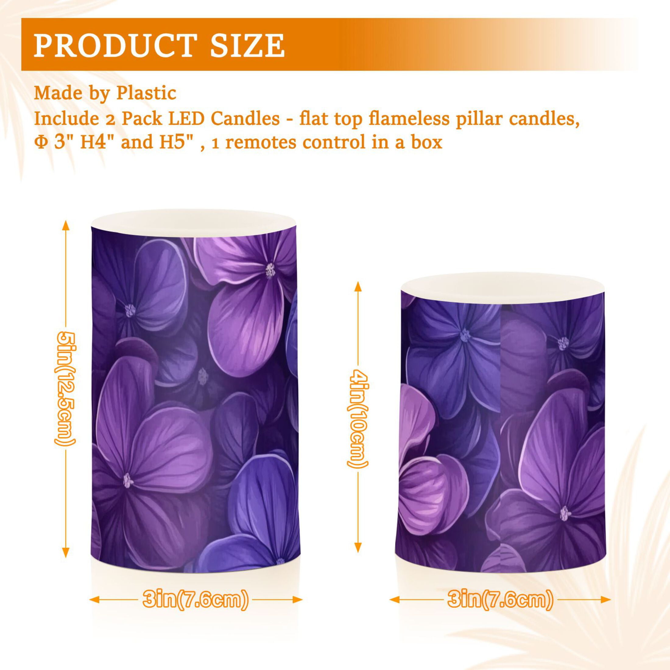 Dark Purple Flowers Flickering Flameless Candles Battery Operated with Remote Timer LED Pillar Candles Set of 2