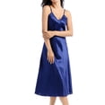 thumbnail image 2 of Defitshape Women's Satin Sleep Dress Deep V Neck Silk Nightgown Summer Long Pajama Gown Spaghetti Strap Sleeveless Chemises Tea Length Sleepwear Navy Blue X-Large, 2 of 5