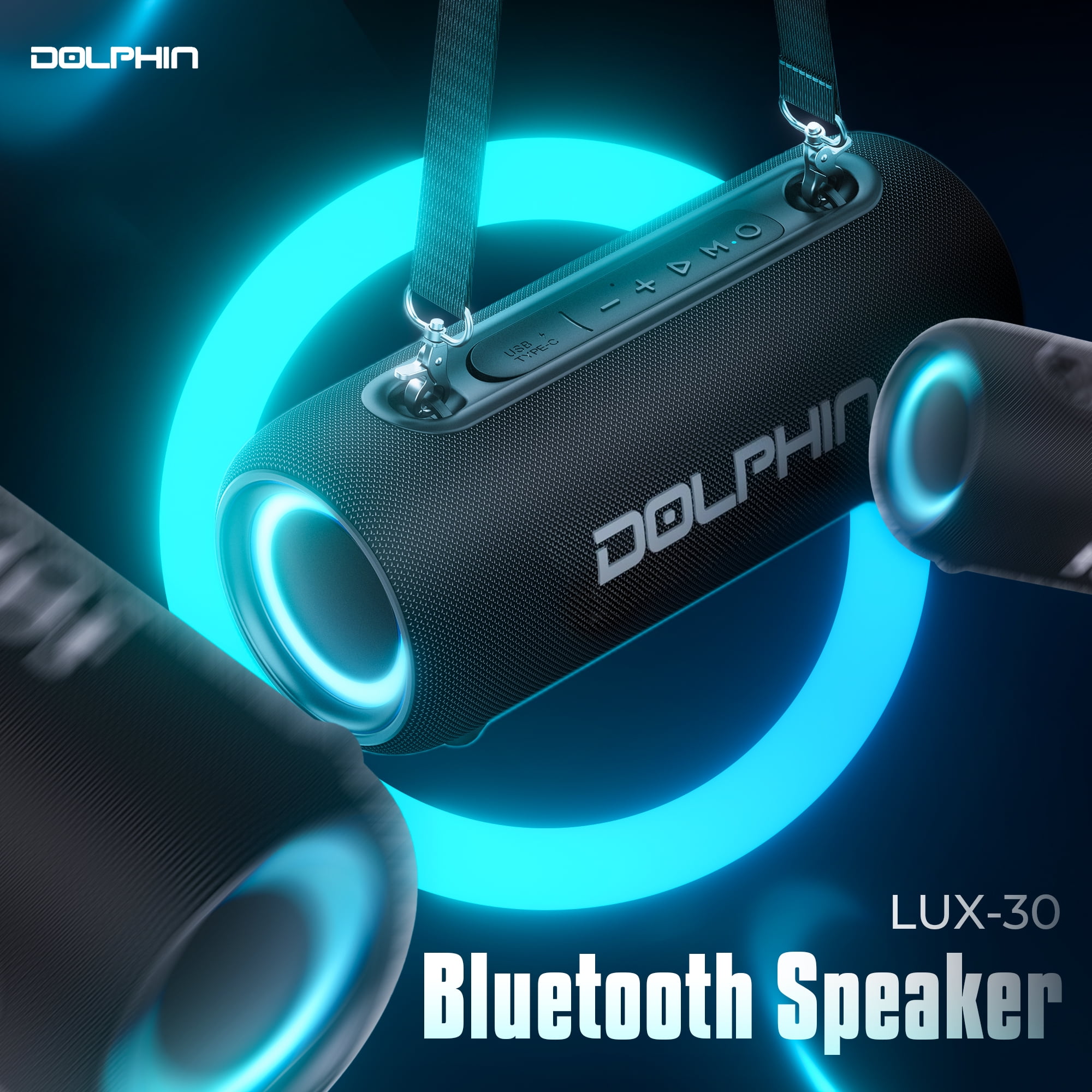 Dolphin LX-30 Waterproof Bluetooth Speaker, 26W Loud Portable Boombox, Water Resistant IPX5, Long-Lasting Battery, Bass, 5.3, Pool, Shower, Beach, Outdoor w Shoulder Strap, Rechargeable