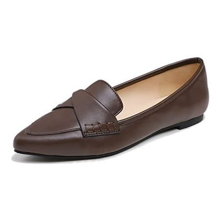 

Feversole Women s Loafer Flat Pointed Fashion Slip On Comfort Driving Office Shoes Brown Plain Twist Bow Size 9 M US