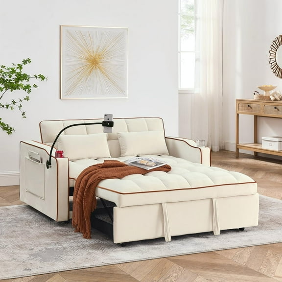 LUCKHAO 3 in 1 Sleeper Sofa Couch Bed, Velvet Convertible Loveseat Futon Sofa w/Pullout Bed, Adjustable Backrest, with USB Port and Ashtray and Swivel Phone Stand