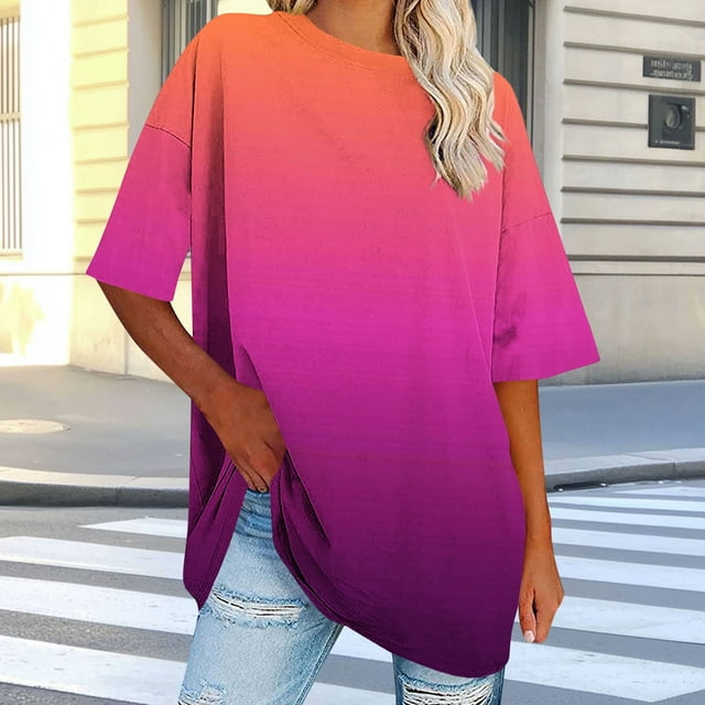 Yourumao Plus Size Tops for Women Gradient Short Sleeve Shirts Loose Casual Crewneck Blouses Oversized Soft Tees Spring Trendy Plus Tops