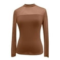 thumbnail image 3 of DuoJiaJ Women Double Line Mesh Sheer Crop Tank Tops Neck Long Sleeve Shirts Casual V-Neck Tops Brown L, 3 of 3