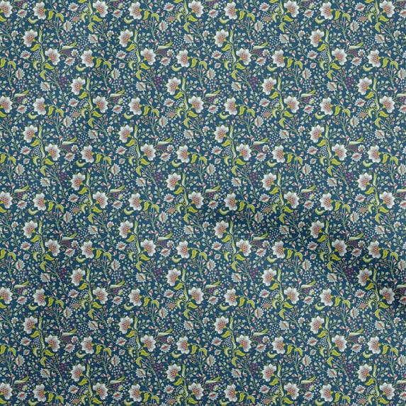 oneOone Cotton Poplin Blue Fabric Jacobean Floral Sewing Material Print Fabric By The Yard 56 Inch Wide