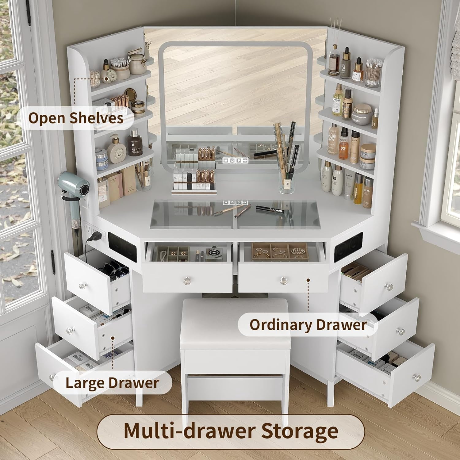 Corner Vanity Desk with Mirror and Lights, Modern Makeup Vanity with Glass Top, Bluetooth Speaker, 8 Drawers and 6 elves, 3 Color Lighting Modes, Dressing Table with Chair for Bedroom, White