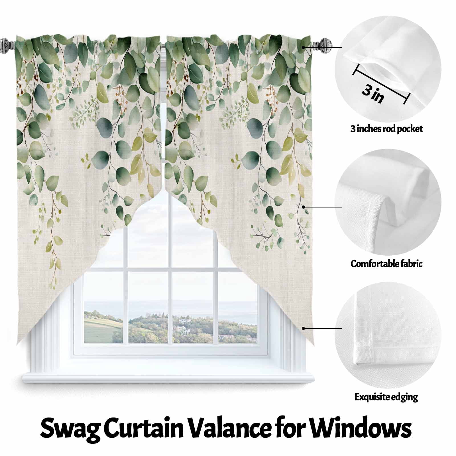 Eucalyptus Leaf Swag Valances for Windows 2 Pack Country Green Plant Linen Texture Swag Kitchen Curtains 63 Inches Long Rod Pocket Short Window Treatment for Kitchen Bathroom 36"x63"