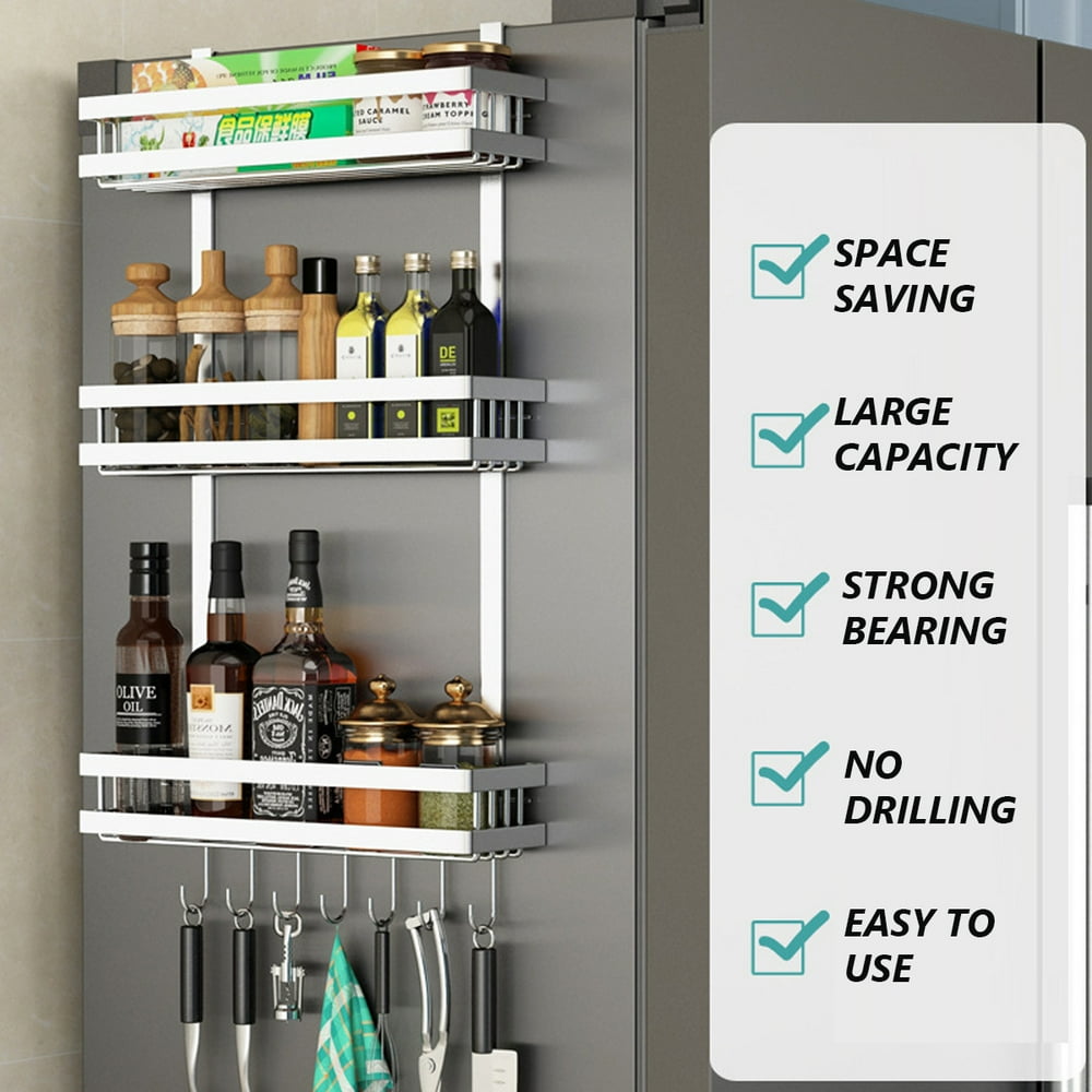 3 Tier Metal Refrigerator Side Storage Organizer Rack,Fridge Spice Rack,Multi Use Refrigerator