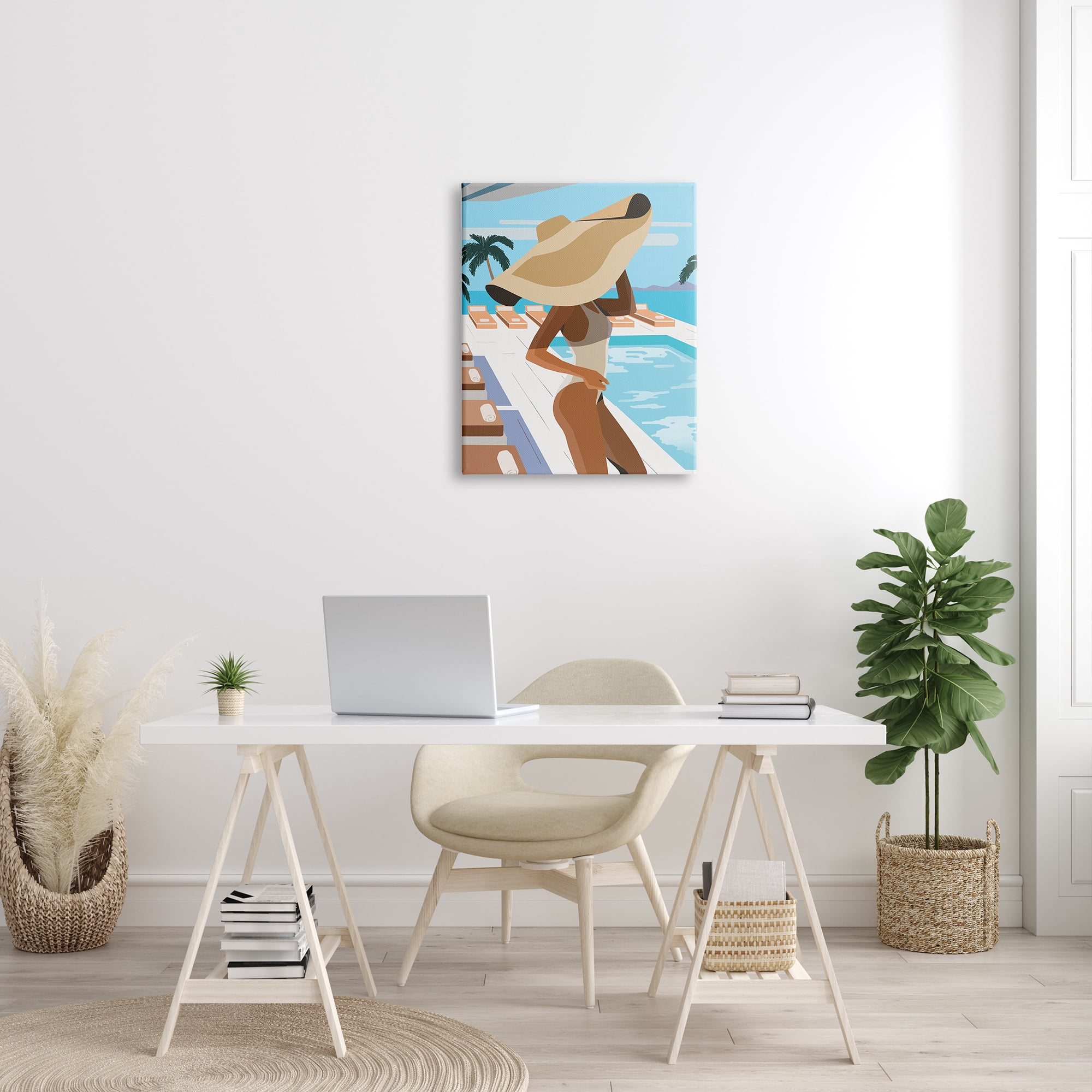 Stupell Industries Poolside Fashion Glam Pose Large Sun Hat Palms, 24 x 30, Designed by Ziwei Li