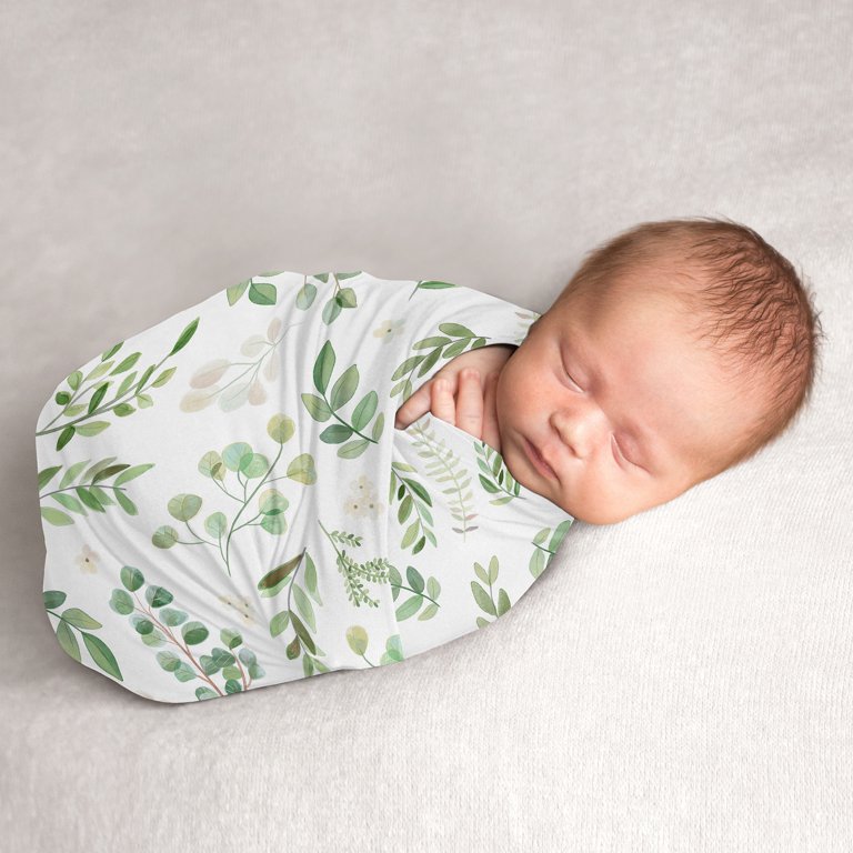 Sweet Jojo Designs Floral Leaf Baby Boy or Girl Swaddle Blanket Jersey Stretch Knit for Newborn or Infant Receiving Security Green White Boho