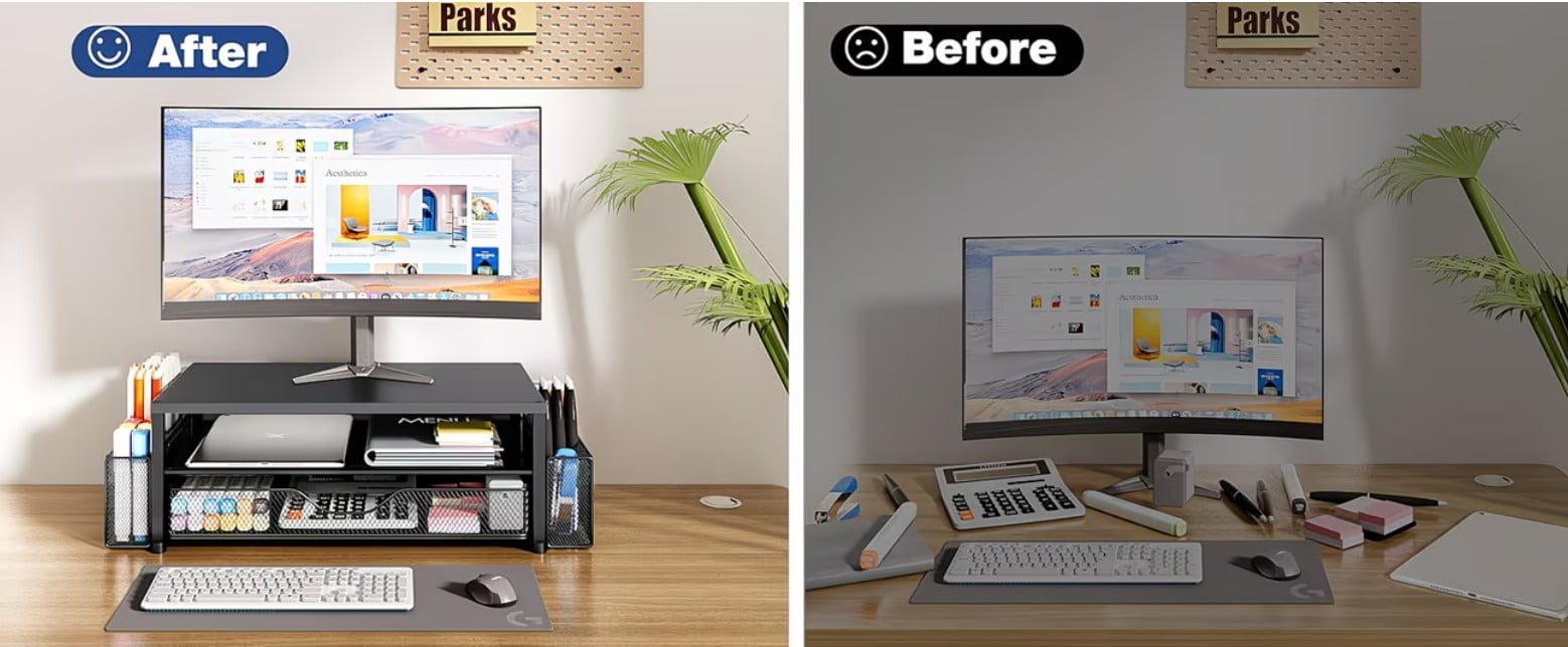 BoldDeco Monitor Stand Riser 2-Tier Metal Desk Organizer with Drawer Pen Holders for Computer Monitor Laptop Black