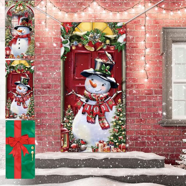 Decoración Navideña para Puerta con Fondo de Muñeco de Nieve, Ideal para Fiestas Navideñas, Noticias, Invierno, 70 X 35 Pulgadas