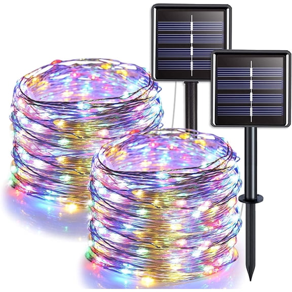 Rirool Solar String Lights Outdoor, 2 Pack 132FT 400 LED Copper Wire Fairy Lights with 8 Lighting Modes, IP65 Waterproof Auto On/Off Garden Patio Christmas Wedding Decor, Multicolor