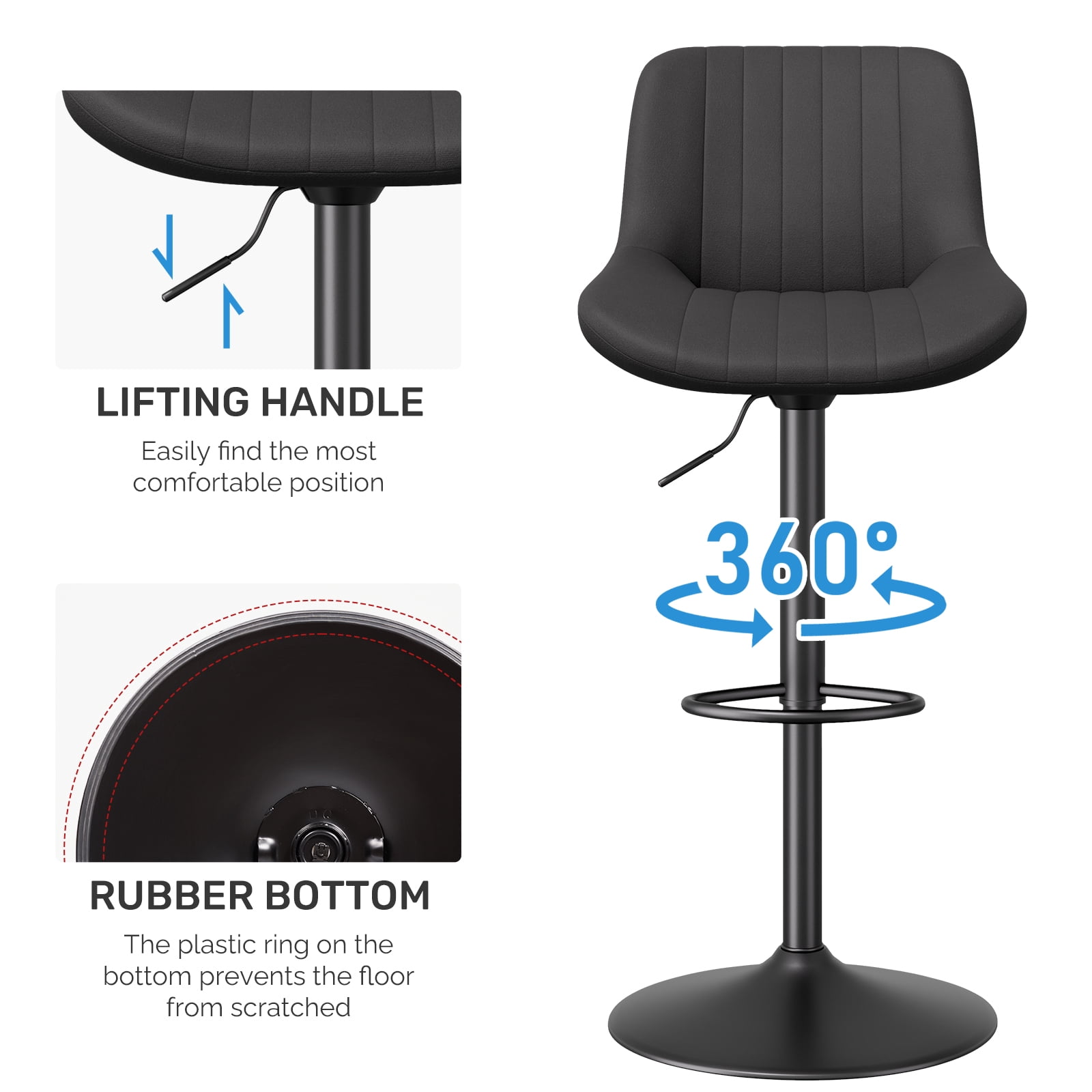 Daluvenix Adjustable Bar Stools Set of 4, Swivel Kitchen Bar Chairs with Back, Modern Tech Fabric Island Chairs for Home Kitchen, Black