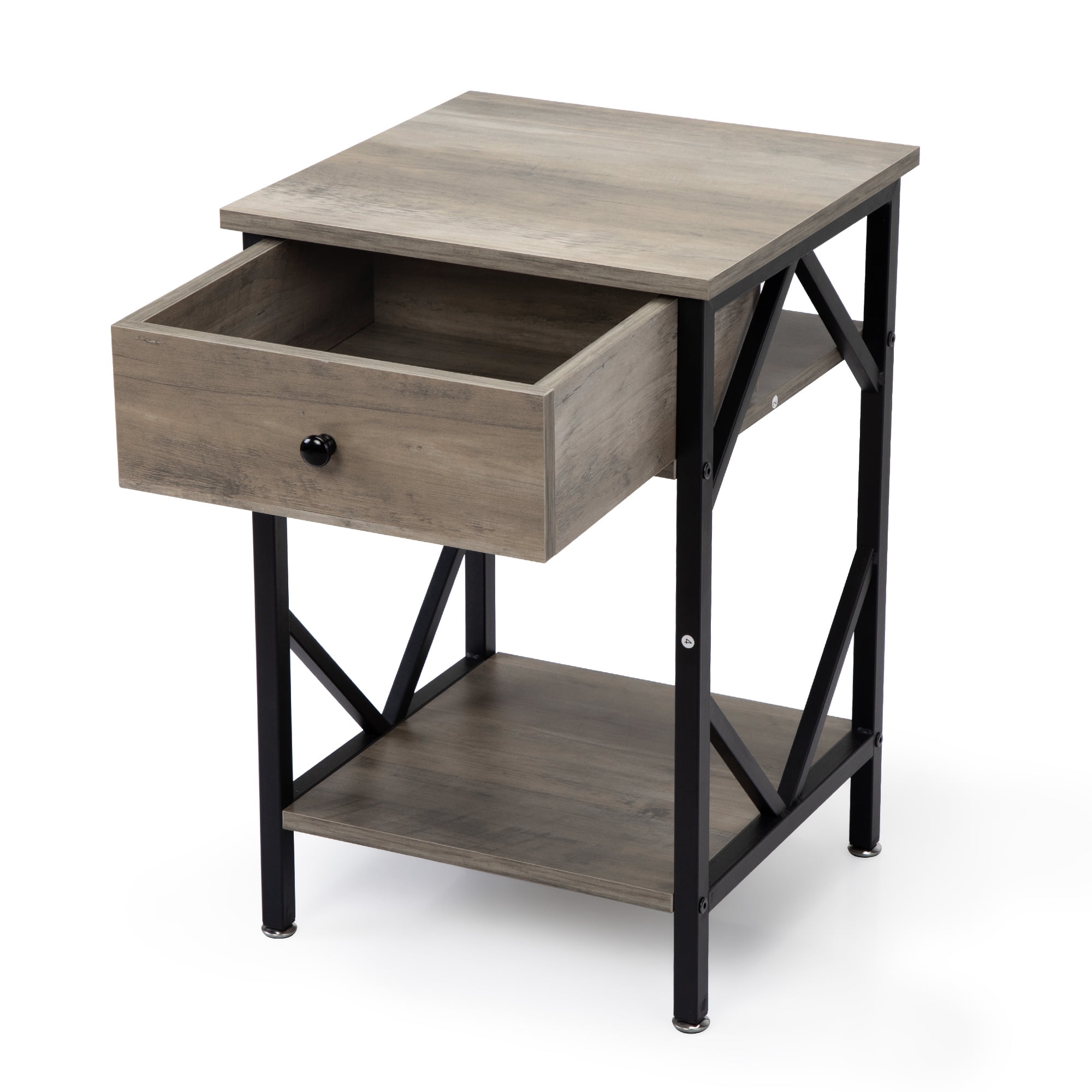 Kadyn Set of 2 Nightstand Industrial End Table with Drawer, Storage Shelf and Metal Frame for Living Room, Bedroom, Washed Gray Kadyn Set of 2 Nightstand Industrial End Table with Drawer, Storage Shelf and Metal Frame for Living Room, Bedroom, Washed Gray