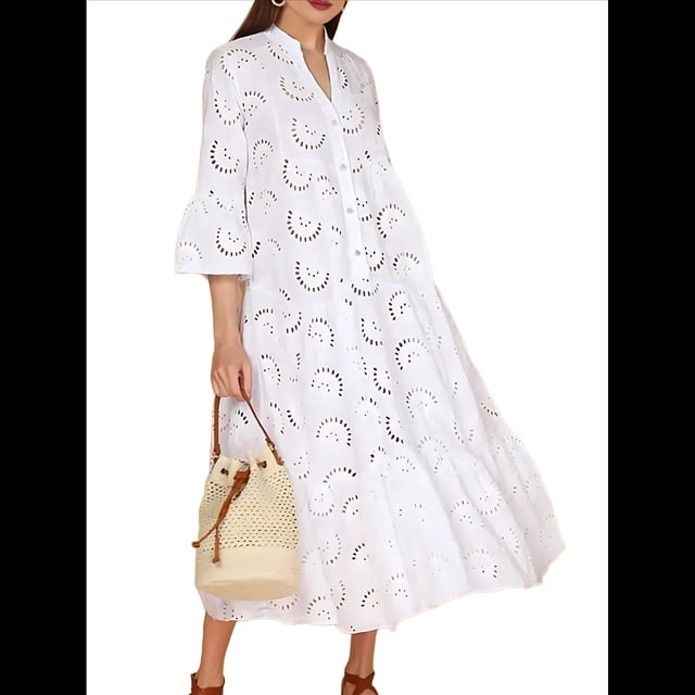 Vestido Bohemio con Cuello en V, Mangas Acampanadas y Bordado de Encaje para Mujer (2025) XL