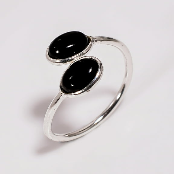 SATYAVIE JEWELLERY 925 Sterling Silver Ring for Women, Natural Black Onyx Gemstone Ring Size US 5 Adjustable, Silver Minimalist Ring Handmade Jewelry