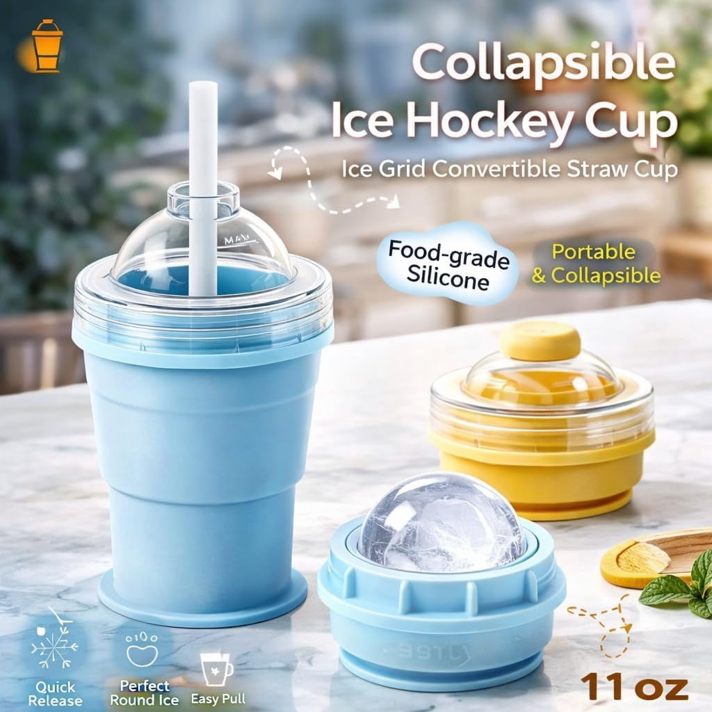 2-in-1 Collapsible Silicone Ice Ball Maker Cup, Foldable Ice Ball Drink Cup, Reusable Portable Silicone Ice Sphere Mold Bottle with Straw & Lid, Easy Demolding, Leakproof Travel Tumbler (Blue)