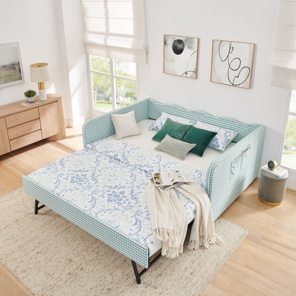 Full‑Size Daybed, Gingham Upholstered 3‑in‑1 Versatile Convertible Sofa Bed with Pull‑Out Trundle & Side Storage Pockets, Ideal for Multiple Room Layouts and Small‑Space Living-Green