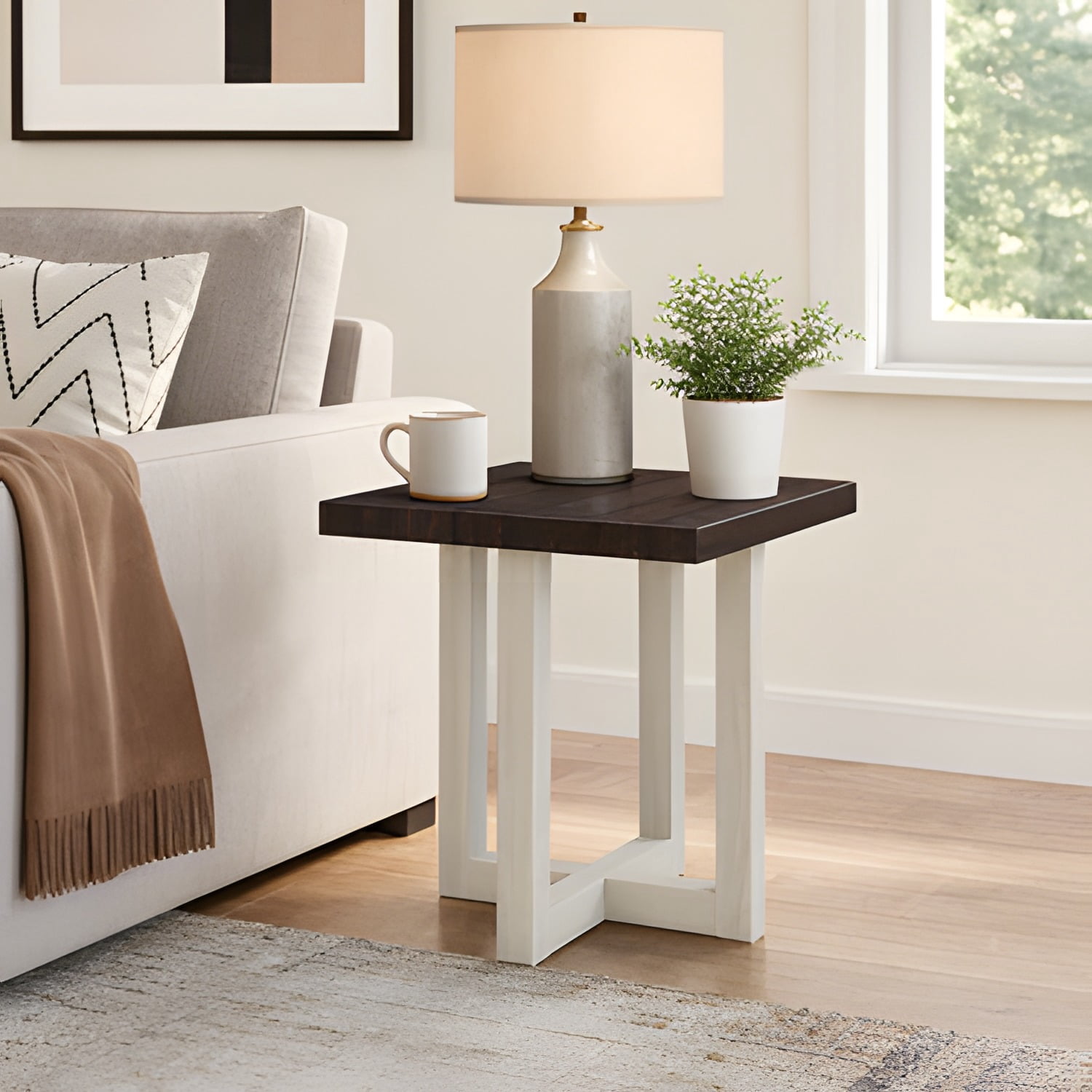 Contemporary Walnut & White End Table, Modern Compact Side Table with Intersecting Base, Durable Engineered Wood Accent Table for Living Room Sofa Side