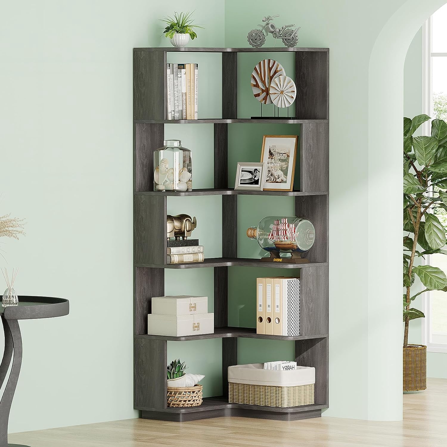 Tribesigns 64.9” 6-Tier Corner Bookshelf – Stylish Tall Storage Rack with Anti-Slip Design for Living Room & Office