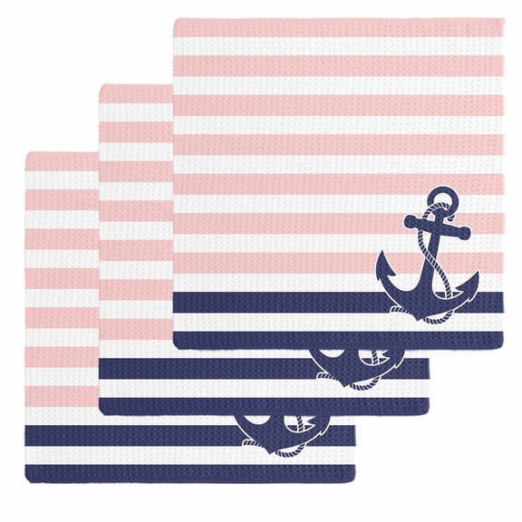 Anchor Pink Kitchen Dish Towels for Drying Dishes Set of 3, Modern Navy Blue White Striped Nautical Waffle Weave Microfiber Hand Tea Bathroom Towels Quick Dry & Absorbent Towel 12x12