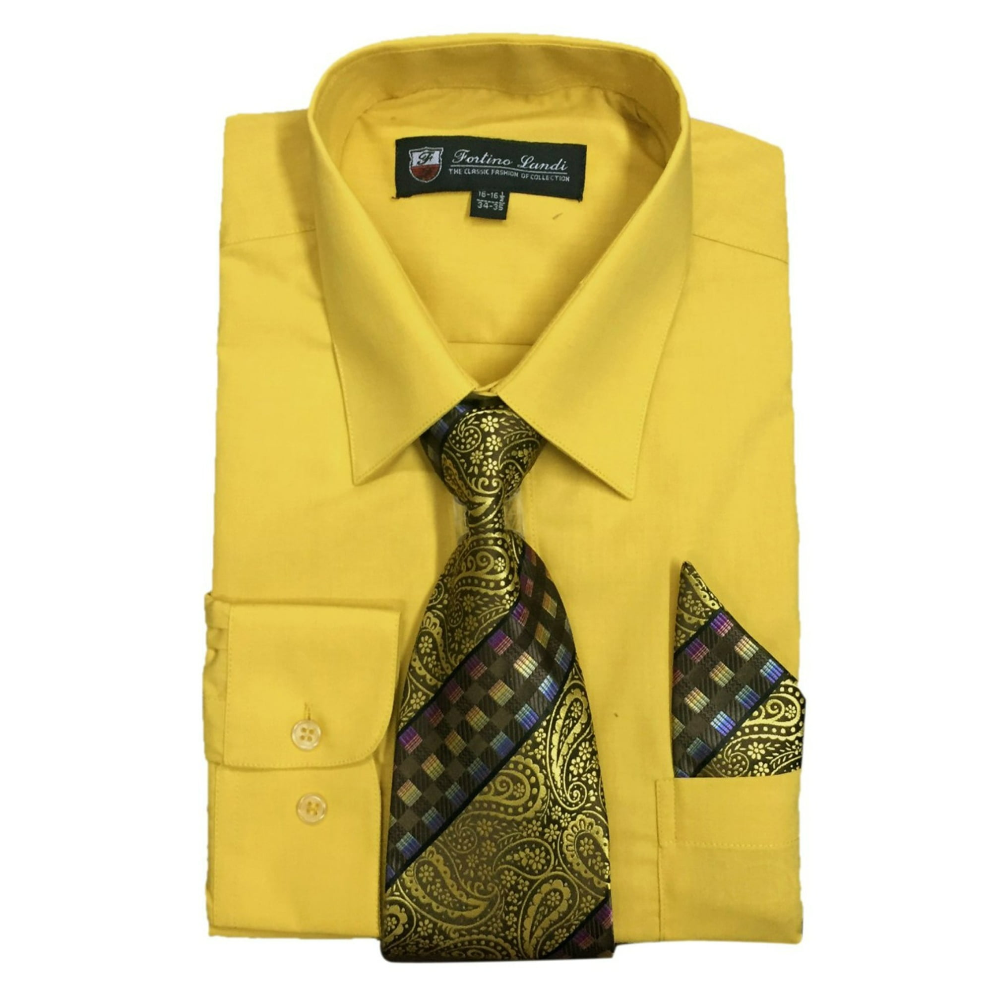 Fortino Landi Men's Long Sleeve Dress Shirt With Matching Tie And Handkerchief 