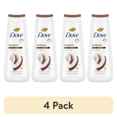 (4 pack) Dove Body Wash for Women Moisturizing Restore Coconut & Cocoa Butter Cleanser All Skin 20 oz