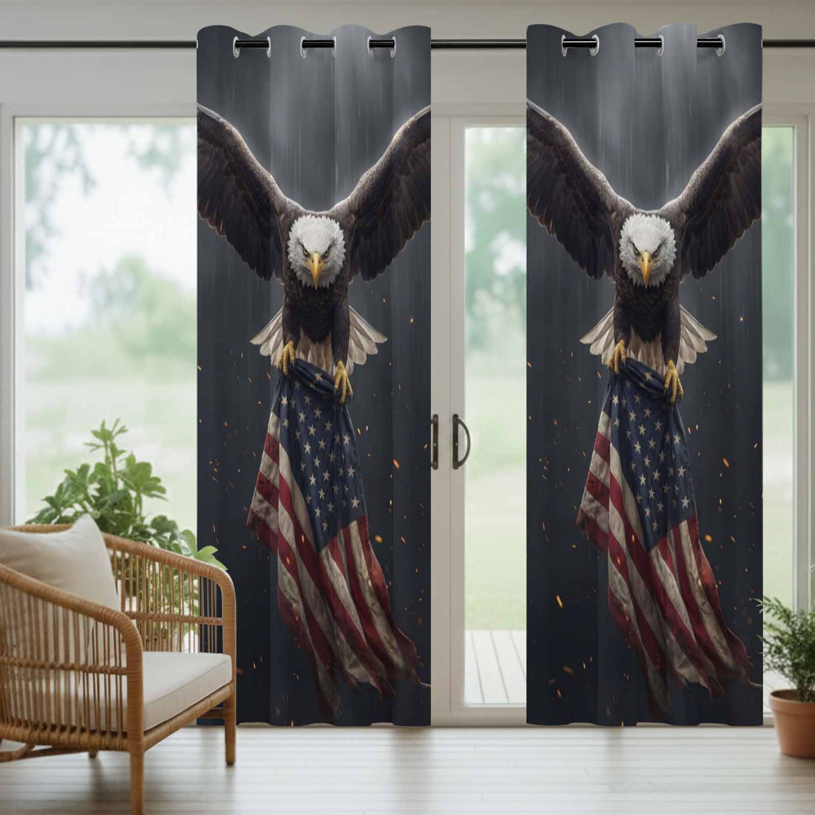 Independence Day Bald Eagle Outdoor Curtains for Patio, Patriotic Red Stripe Blue Star American Flag Sunshade Privacy Drapes Grommet Waterproof Outside Curtains for Porch Balcony 54"x108", 2 Panel