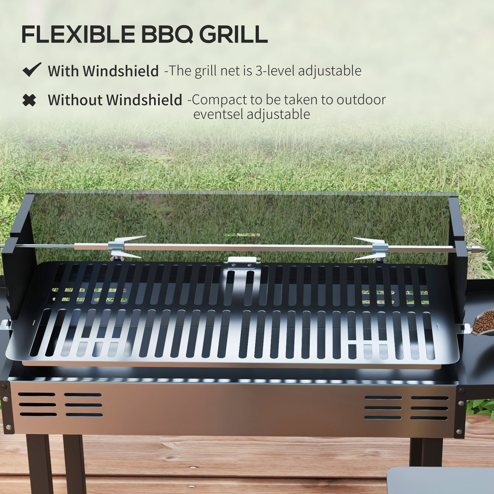 Zateety  BBQ Rotisserie Grill Roaster, Charcoal Split Roaster for Chicken or Turkey with 3-Level Grill Grate, Foldable Storage Shelves, and Wind Deflector, Stainless Steel, Black