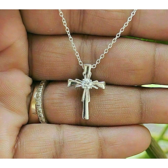 1.50Ct Round Cut Lab Created Diamond Religious Cross Pendant 14K White Gold Plated Free Chain 18"