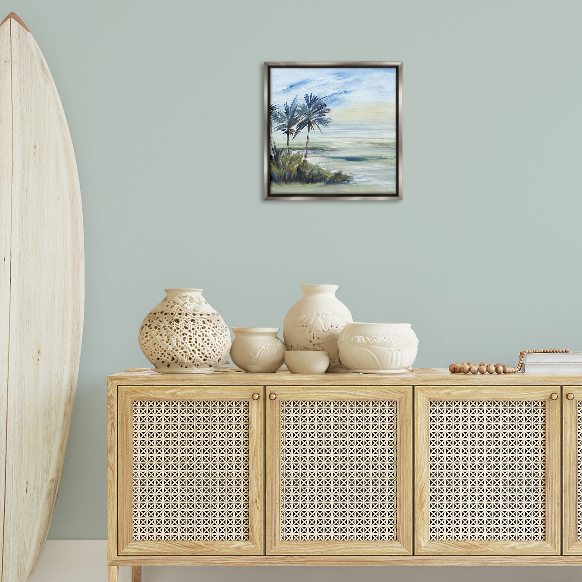 Stupell Industries Windy Palm Trees Nautical & Beach Painting Gray Floater Framed Canvas Art Print Wall Art, 18 x 18