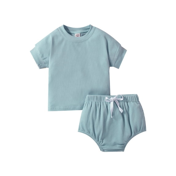 Seyurigaoka 2Pcs Toddler Baby Unisex Ribbed Suit, Solid Color Round Neck Short Sleeve Tops + Patchwork Bandage Shorts