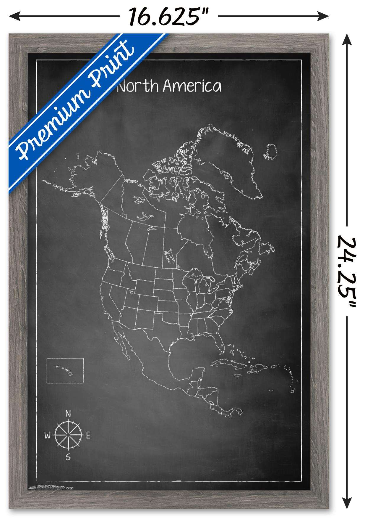 Chalk Map - North America Wall Poster, 14.725" x 22.375", Framed