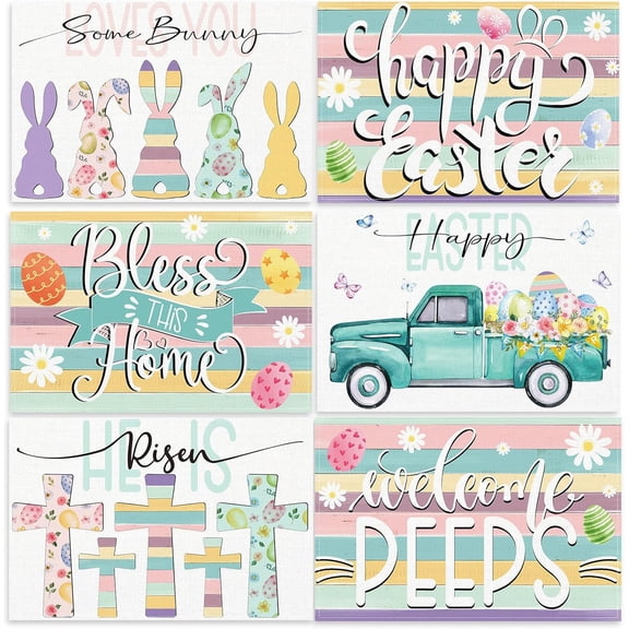 Easter Placemats Set of 6, 12x18 Inch Bunny Table Mats Seasonal Spring Washable Place Mats Reusable Happy Easter Rabbit Flowers Placemat for Party Kitchen Dining Holiday Table Decoration
