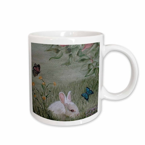 3drose, Bunny Rabbit in Grass with Butterflies Flying Nearby, 11oz Mug