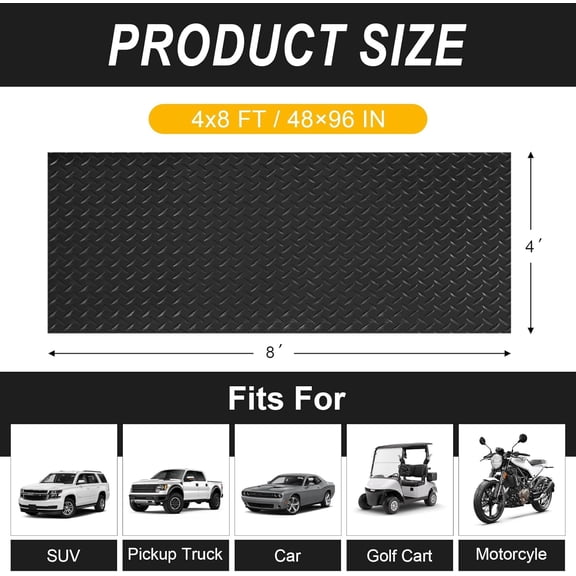 4x8FT Garage Flooring Roll, 2.8mm Thick Diamond Plate PVC Rubber Mat, Non-Slip Floor Protector for Cars, Golf Carts, Motorcycles, Trailers & Warehouses, Black