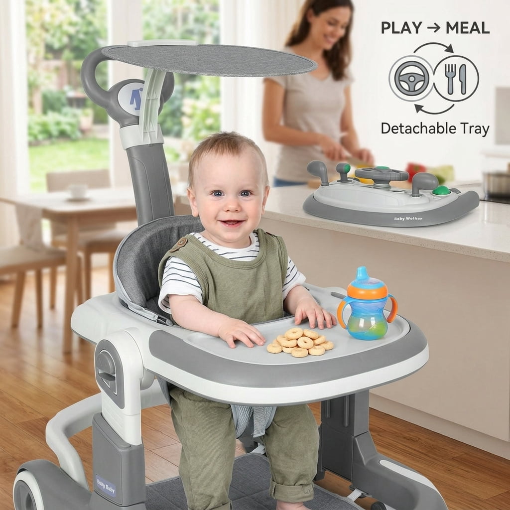 SIMANLI 5 in 1 Folding Baby Walker Adjustable Height & Speed, Kids Baby Walker with Wheels & Music Toys for Girls Boys, Gray