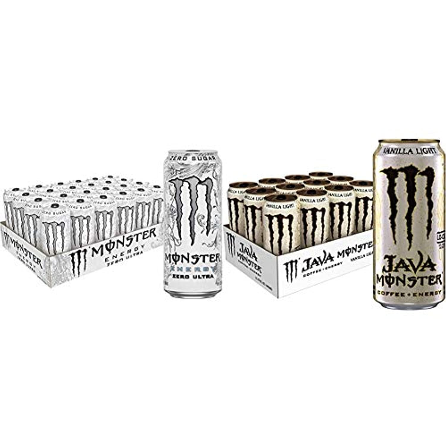 Monster Energy Zero Ultra, Sugar Free Energy Drink, 16 Ounce (Pack Of 24) & Java Monster Vanilla Light, Coffee + Energy Drink, 15 Ounce (Pack Of 12)