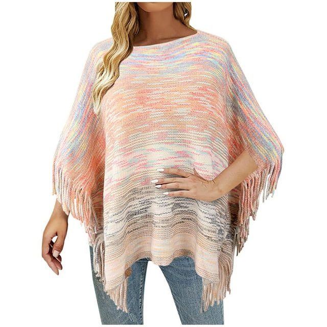 Babysbule Hauts pour Femmes Grande Taille Liquidation Femme Cape à Franges à Pampilles Chandail Blouse à Rayures à Franges
