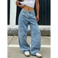 thumbnail image 3 of Women's Mid  Rise Wide Leg Light Blue Patchwork Cargo Jeans Casual Streetwear Denim Pants, 3 of 8