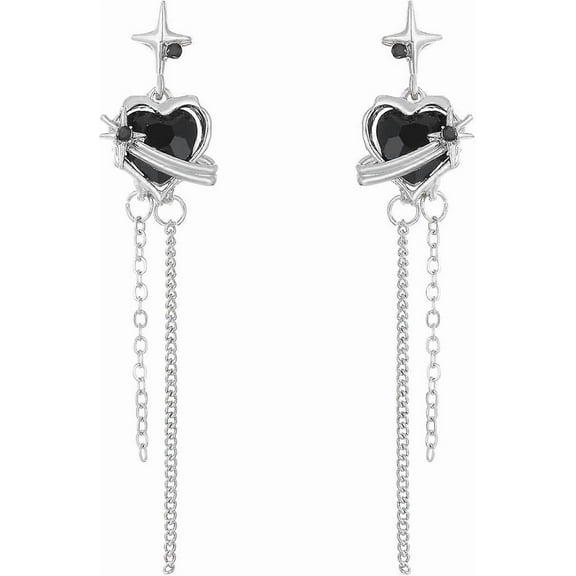 Black Crystal Heart Dangle Earrings For Women Gothic Black Earrings With Long Tassel Halloween Charm Lava Star Long Tassel Earrings For Party Cosplay